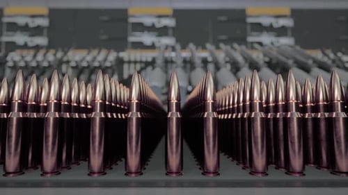 Rows of Military Ammunition and Rifles in an Armory