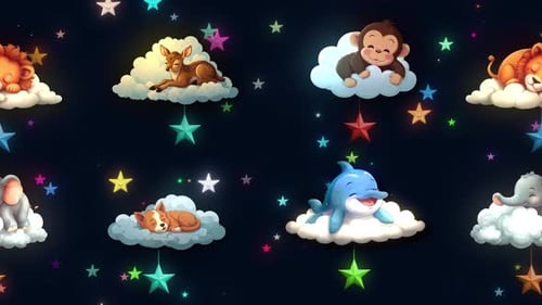 Cute Baby Animals Lion, Beer, Elephant, Monkey, Dog, Dolphin, Sleeping On Clouds Cartoon Animation