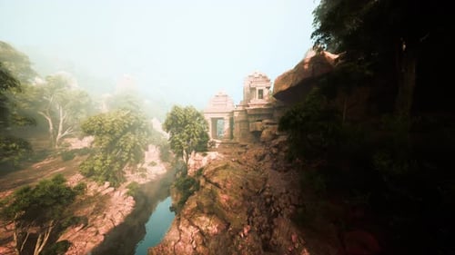 Majestic Temple Perched High Above Rugged Canyon with Lush Surroundings