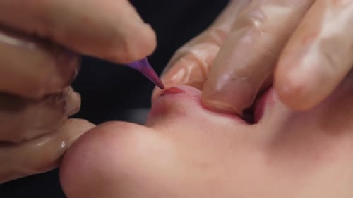 Closeup of the Process of Applying Permanent Makeup to the Lips Cosmetology