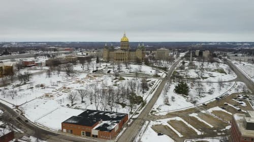 Iowa State Capitol Building in Winter. Aerial View. Dolly In