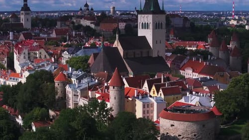 Aerial View of Historic Sights in City Center Old Houses Churches and Fortification Tallinn Estonia