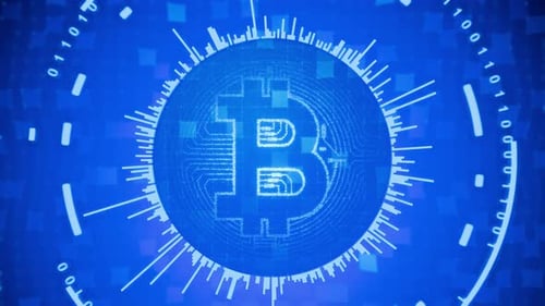 Cryptocurrency trading. Cryptocurrency. Rotating virtual bitcoin coin on technology background.