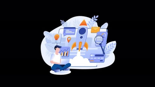Person working on a digital project with a rocket illustration