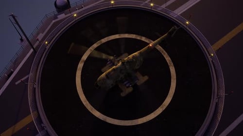 Militärhubschrauber auf einem Hubschrauberlandeplatz auf dem Dach in der Abenddämmerung