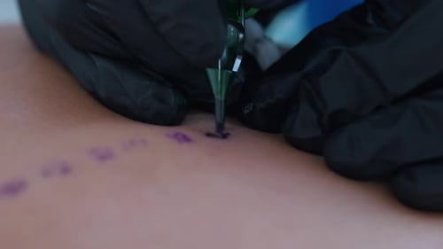 Tattooing Process Close Up Tattoo Machine Studio Female Artist Black Gloves