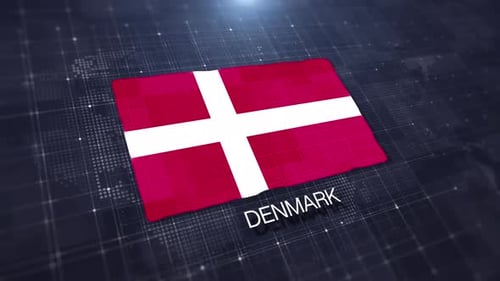 Waving Flag of Denmark on Digital World Map Background