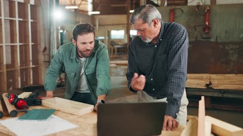 Planning, carpenter or people with laptop in warehouse for manufacturing