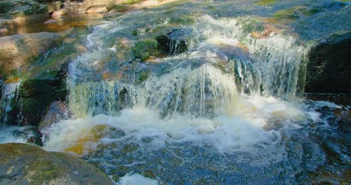 Close-up of mountain fast river waterfall on a sunny summer day. Nature cascade landscape. Forest in