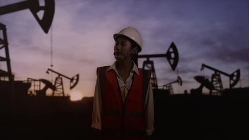 Young Woman Supervising Oil Extraction at Sunset