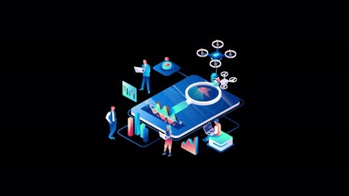 Digital analytics concept with diverse professionals and gadgets.