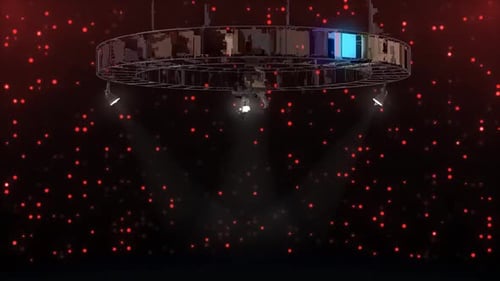 Dynamic stage lighting with red bokeh and spotlight effects