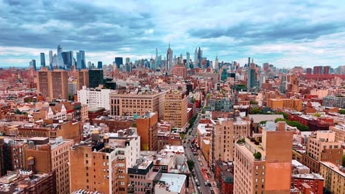 City life of modern New York, USA. Drone footage over the lively street leading to the downtown.