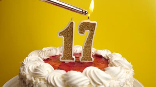 17. A candle in the form of the number 17, inserted into the holiday cake, is lit. Celebrating a bir