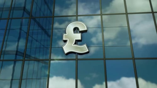 Pound Sterling symbol UK money glass building concept