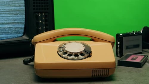 Retro Vintage Phone on Chroma Key Green Screen Rotary Telephone is Displayed on a Wooden Desk Adding