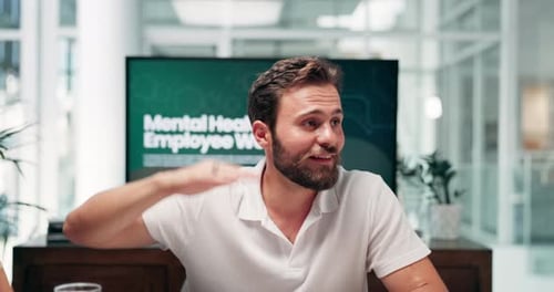 Man, meeting and employee in office for mental health, explain and computer screen with steps