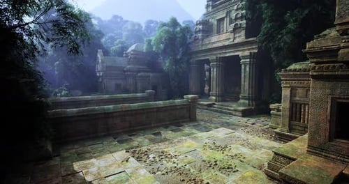 Ancient Temple Ruins Surrounded By Lush Greenery in a Misty Environment