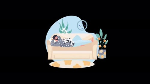 Flat Design Animation of Man and Cat Sleeping on Sofa
