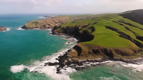 The coast of New Zealand reveal aerial shot. Green landscape on the seaside during sunny day, The Ca
