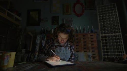 Creative Person Working on Tablet Computer in Dark