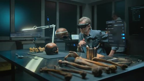 Scientist Analyzing Skull With Augmented Reality Headset
