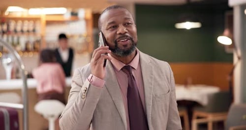 Business, man and phone call in hotel lobby for meeting schedule, client appointment and walking