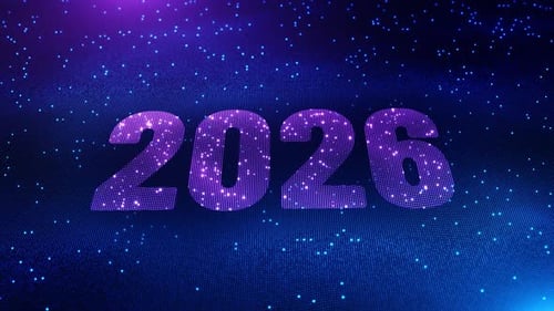 Blue digital cyber Christmas poster template 2026 style new digits electronic technology. Tech digit