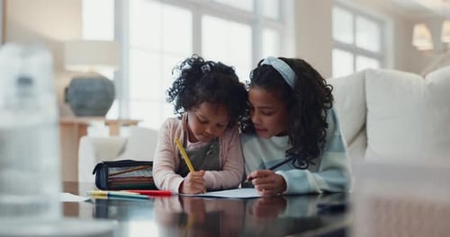 Girl, children and creative with paper in home for coloring, art activity