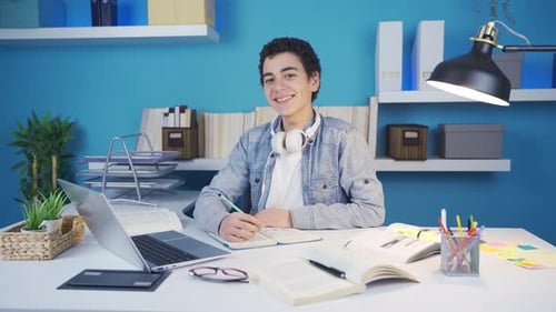 Teenage Student Studying at Desk with Laptop