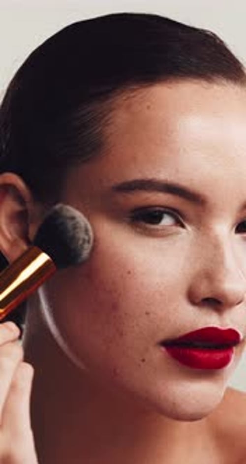 Beauty, blush and face with woman in studio for cosmetics, facial or makeover routine