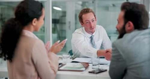 Handshake, recruitment and business people in office, agreement and success with b2b deal