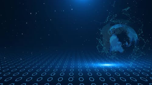 Digital Globe Rotating with Futuristic Technology Hexagon Background
