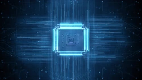 Футуристический чип искусственного интеллекта и печатная плата со светящимся цифровым потоком данных