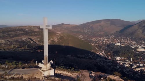 Križ na Hum religious cross landmark overlooking Mostar, Bosnia, aerial view