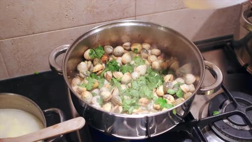 Plan rapproché d'une marmite remplie de palourdes et de légumes frais cuisant sur la cuisinière d'une cuisine. Verser un peu de cire
