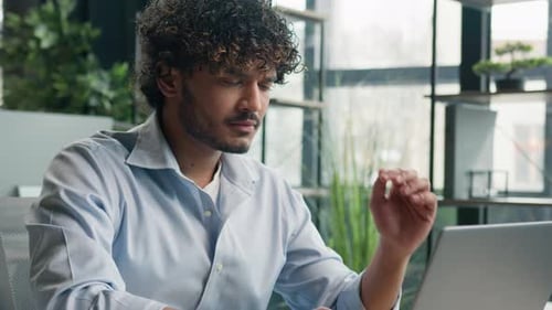 Overworked Tired Arabian Hispanic Guy Indian Man Sick Office Manager Employee Businessman Working on