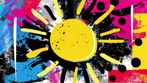 Colorful abstract sunburst animation with bold paint splashes, comic style and vibrant contrast
