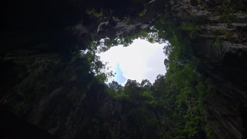 View of the sky from within a cave, framed by rocky walls and green vegetation