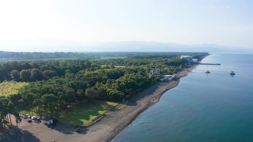 Aerial footage forest, beach and sea.
