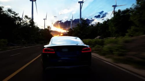 3D render of generic electric car drives on a Road with wind turbines in the background