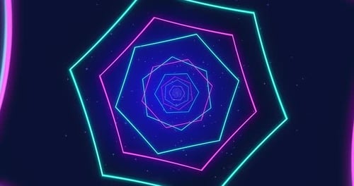 Túnel geométrico de neón con fondo estrellado. Vídeo de animación 4K.