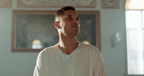 Islam, man and thinking in mosque of religion, spirituality or Ramadan in holy temple for prayer to