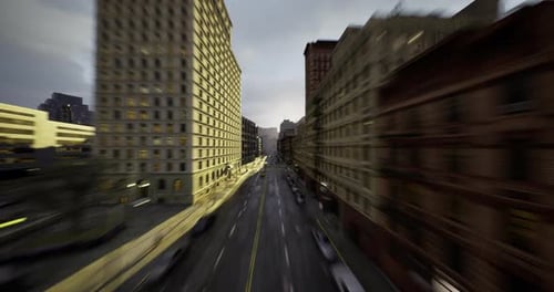 Urban Landscape Transition at Dusk with City Buildings and Street View