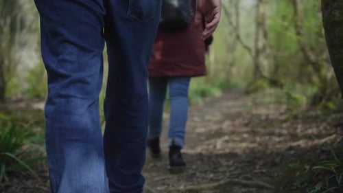 Dad carries toddler boy through forest, walks forest trail, feet angle