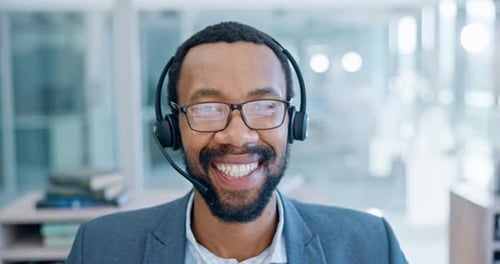 Black man, face and call center consulting with headphones in customer service