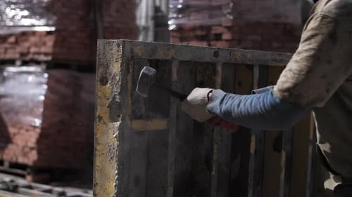 A Worker Cleans the Formwork From Concrete