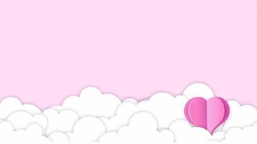 Animierter Hintergrund mit Herz in Form eines Heißluftballons. Himmel mit Wolken im Scherenschnittstil. romantisch