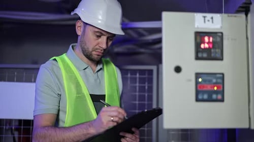 Engineer Inspecting Electrical Panel and Taking Notes