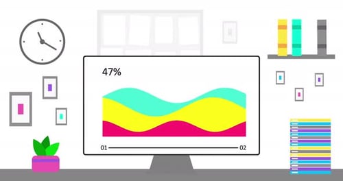 Office Computer with Simple Modern Round Infographics on Screen Modern Office Interior and Data or